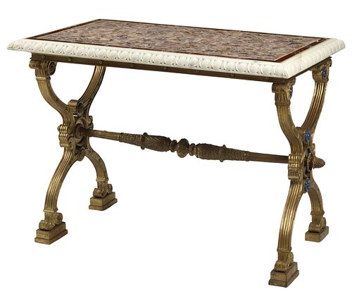 BRONZE TABLE WITH AMETHYST-INLAID MARBLE TOP