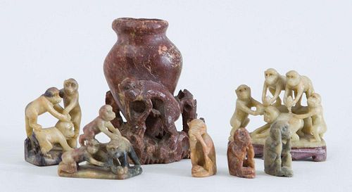 SEVEN CHINESE SOAPSTONE CARVINGS OF MONKEYS