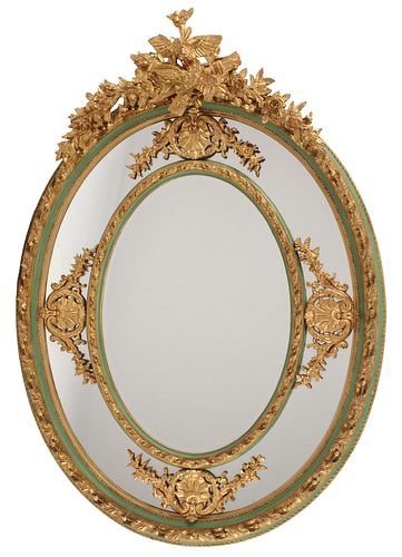 LOUIS XVI STYLE PARCEL GILT & PAINTED OVAL MIRROR