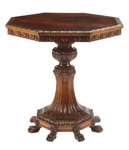 CARVED OCTAGONAL PEDESTAL TABLE ON PAW FEET