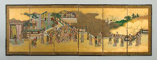 JAPANESE PAINTED PAPER SIX-FOLD TABLE SCREEN