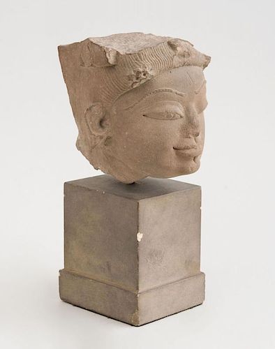 INDIAN CARVED GREY SCHIST HEAD OF A FEMALE