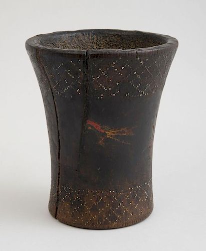 AFRICAN METAL-MOUNTED AND PAINTED WOODEN BEAKER-FORM VESSEL