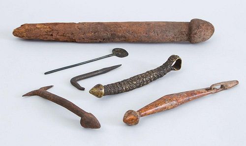 GROUP OF SIX TRIBAL CARVED WOOD AND METAL TOOLS AND IMPLEMENTS