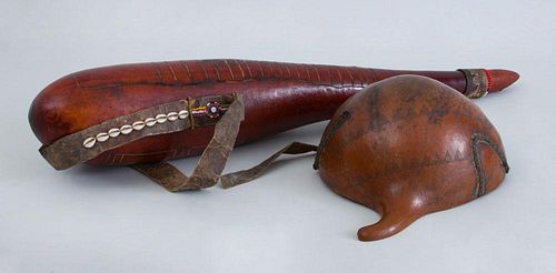 TRIBAL BEADED LEATHER AND COWRIE-MOUNTED GOURD INSTRUMENT
