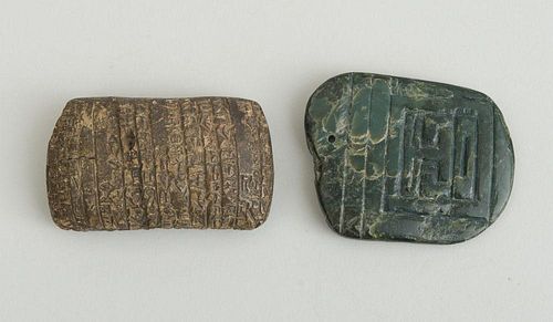 TOLTEC RELIEF-CARVED JADE PENDANT AND A CUNEIFORM INLAID STONE FRAGMENT