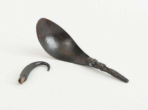 NORTHWEST COAST CARVED HORN SPOON AND A HOOK-FORM WHISTLE