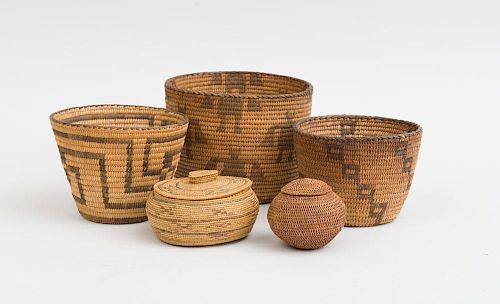 GROUP OF THREE NATIVE AMERICAN COILED SMALL BASKETS AND TWO TWINED JARS AND COVERS
