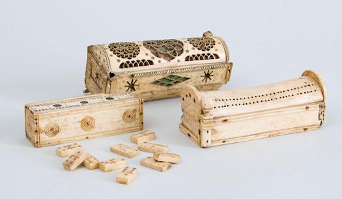 THREE CONTINENTAL CARVED BONE DOMINO CASKETS, POSSIBLY FRENCH