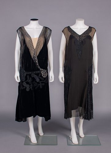 TWO SILK, VELVET & BEADED EVENING DRESSES, EARLY 1920s