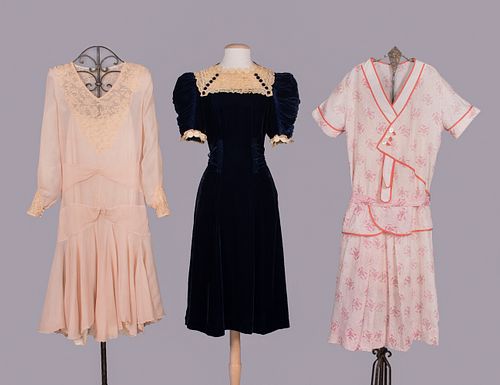 THREE SILK, COTTON & VELVET DAY DRESSES, 1920s-1930s