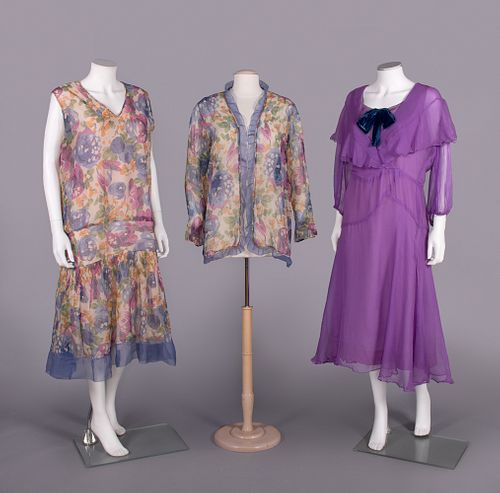 TWO SILK CHIFFON EVENING OR AFTERNOON DRESSES, 1930s