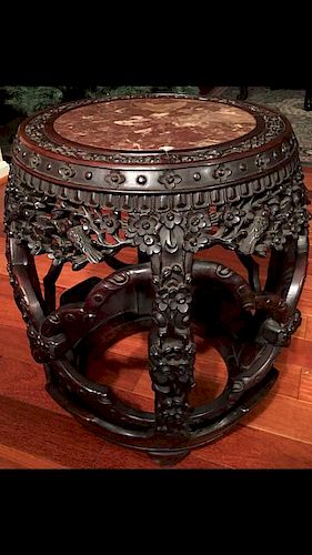 ANTIQUE Large Chinese Hardwood Carved Stand with Marble top, late 19 century, 20 1/2"H  x 18" W