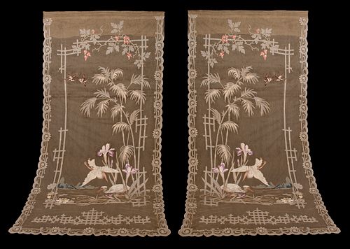 PAIR OF APPLIQUE & CHAINSTITCH EMBROIDERED CURTAINS, JAPAN, c. 1910