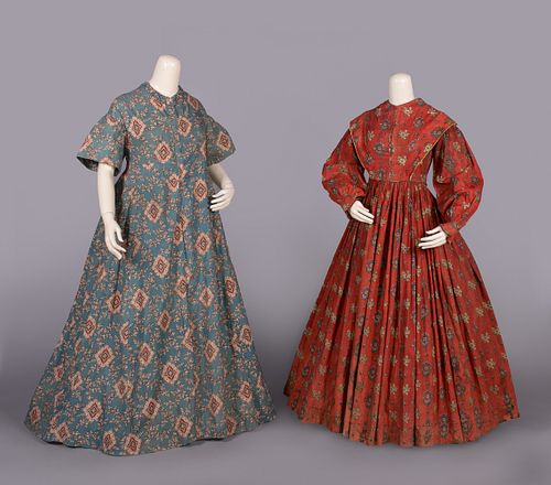 PRINTED COTTON WRAPPER & DAY DRESS, 1840s