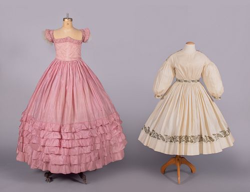 TWO GIRL’S SILK & COTTON DRESSES, 1850s