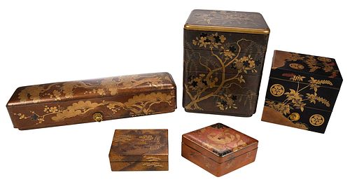 Five Japanese Lacquered and Gilt Decorated Boxes