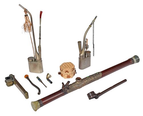 Five Asian Opium Pipes with Accessories