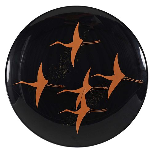 Japanese Lacquer Plate with Flying Cranes