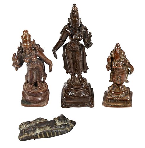 Three South Indian Parvati Statues, One Chinese Bronze Plaque