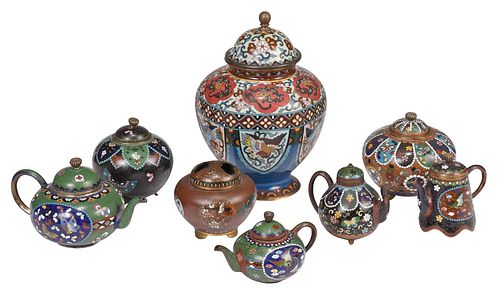 Eight Asian Cloisonne Lidded Teapots and Vessels