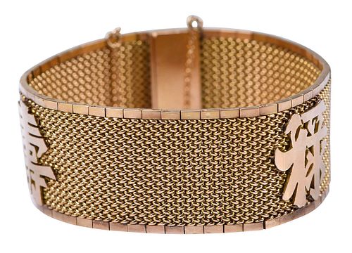 18kt. Wide Mesh Bracelet with Chinese Characters