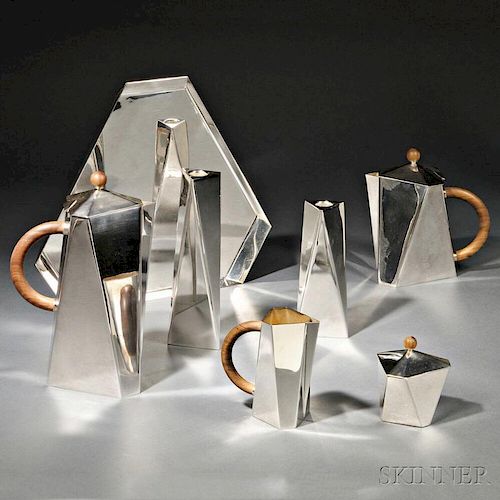 Ken Benson Moderne Tea and Coffee Service and Two Candleholders