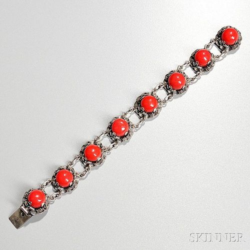 Silver Bracelet with Red Cabochons