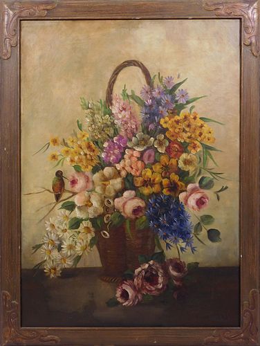 H. Langer: Basket of Flowers with a Humming Bird