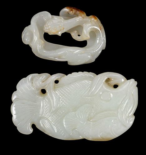 Two Chinese Carved Jade Toggles, Fish and Chilong
