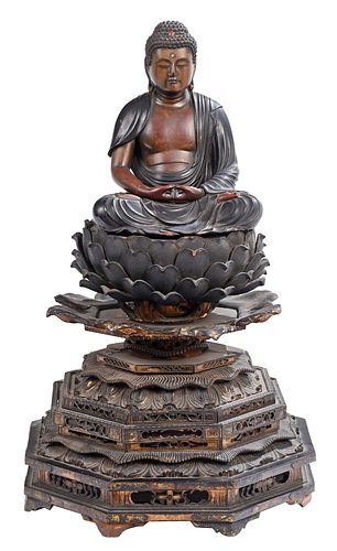 Japanese Carved and Gilt Wood Buddha on Tiered Lotus Base