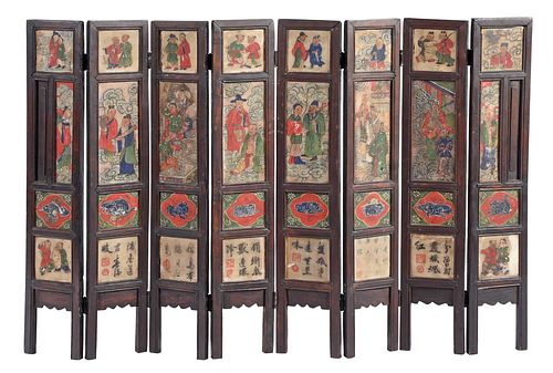Chinese Eight-Panel Folding Table Screen with Painted Inset Stone Panels