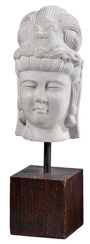 Chinese Carved Marble Head of Guanyin on Stand