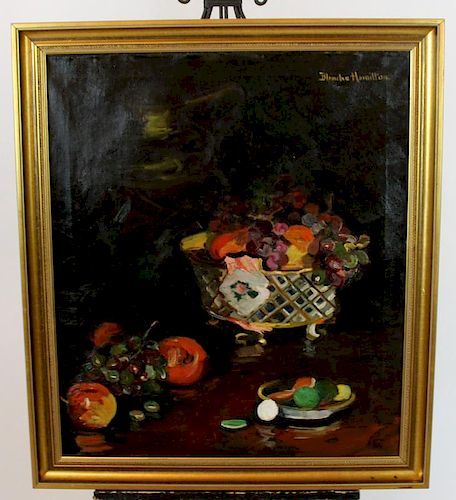 Oil on canvas stil life with fruit Blanche Hamilton