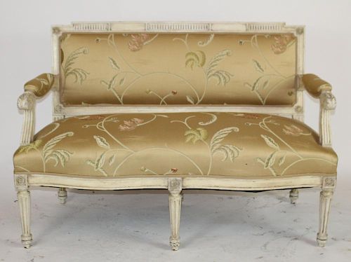 Louis XVI painted bench upholstered in silk