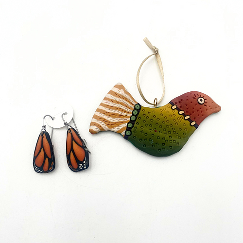 Monarch Earrings and Bird Ornament by Jeannie Galt
