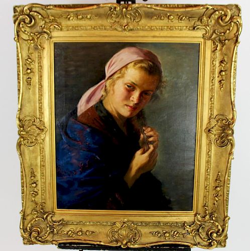 Lajos Rezes Molnar Oil on canvas woman with pink bonnet