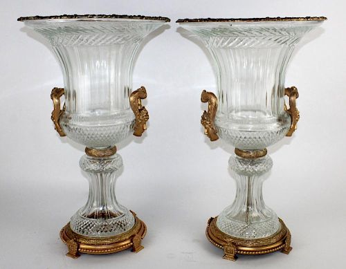 Pair of crystal double handled urns