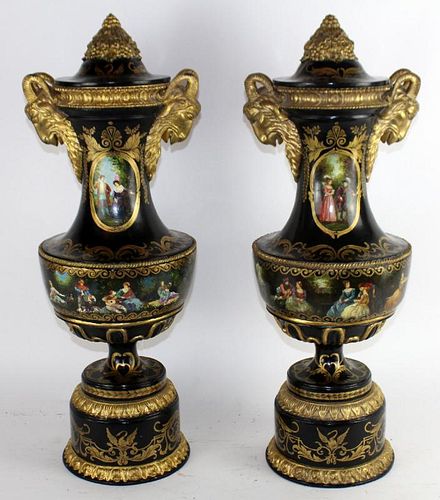 Pair of Venetian painted urns with ram's heads