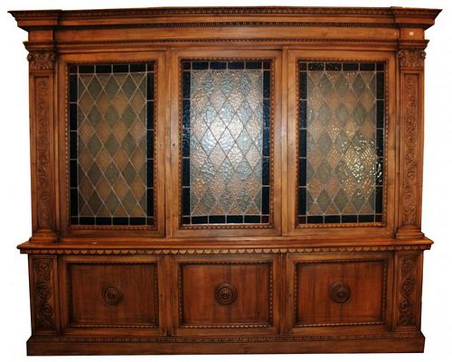 Italian walnut stained & leaded glass 3 door bookcase