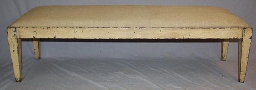 Spanish painted pine bench with burlap upholstery