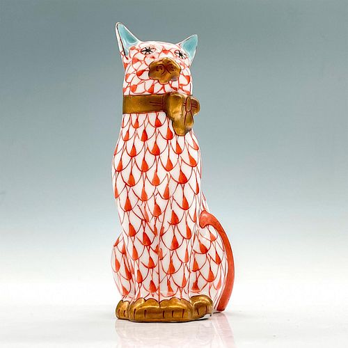 Herend Porcelain Red Figurine, Seated Cat with Ribbon