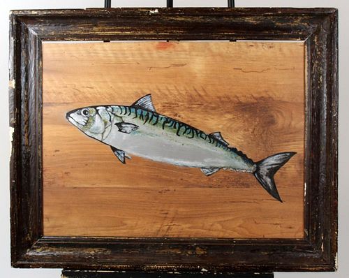 Oil painting on wooden panel of a Mackerel