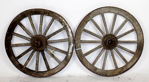 Lot of 2 antique wood & iron wagon wheels