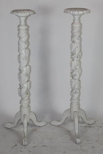 Pair of white carved wooden plant stands
