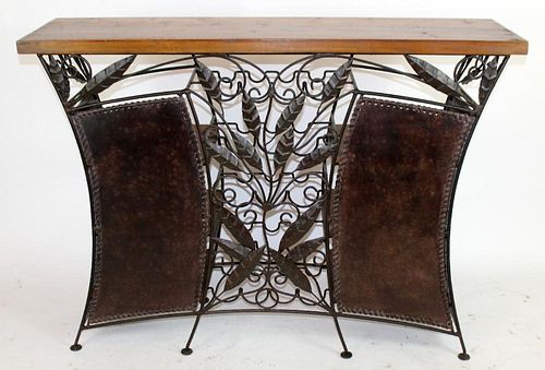 Iron and leather front bar with wine rack