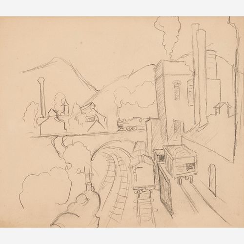  Thomas Hart Benton "Study of Trains on Track" Graphite (ca. 1928)