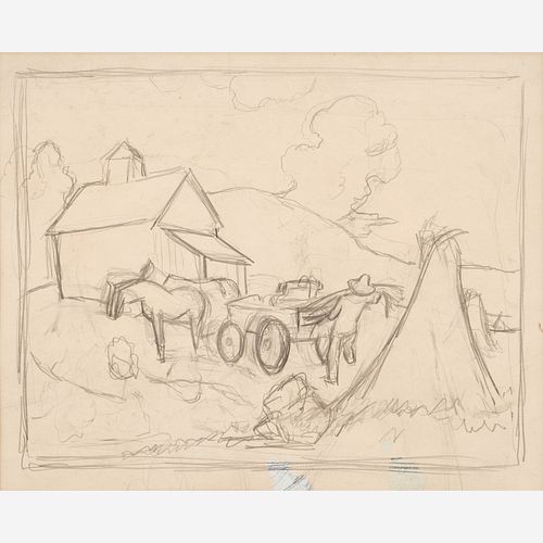  Thomas Hart Benton "Farmer Unloading Wagon" Graphite (1945)