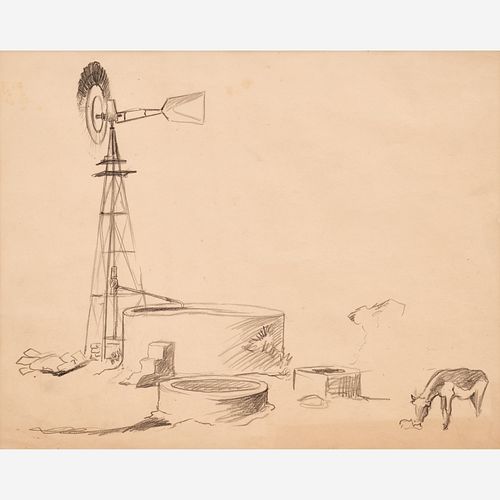  Thomas Hart Benton "Windmill, Water Trough, and Cow" Graphite (ca. 1951)