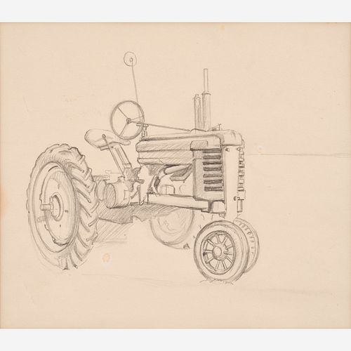  Thomas Hart Benton "Tractor Study, Kansas Wheat Scene" Graphite (1953)